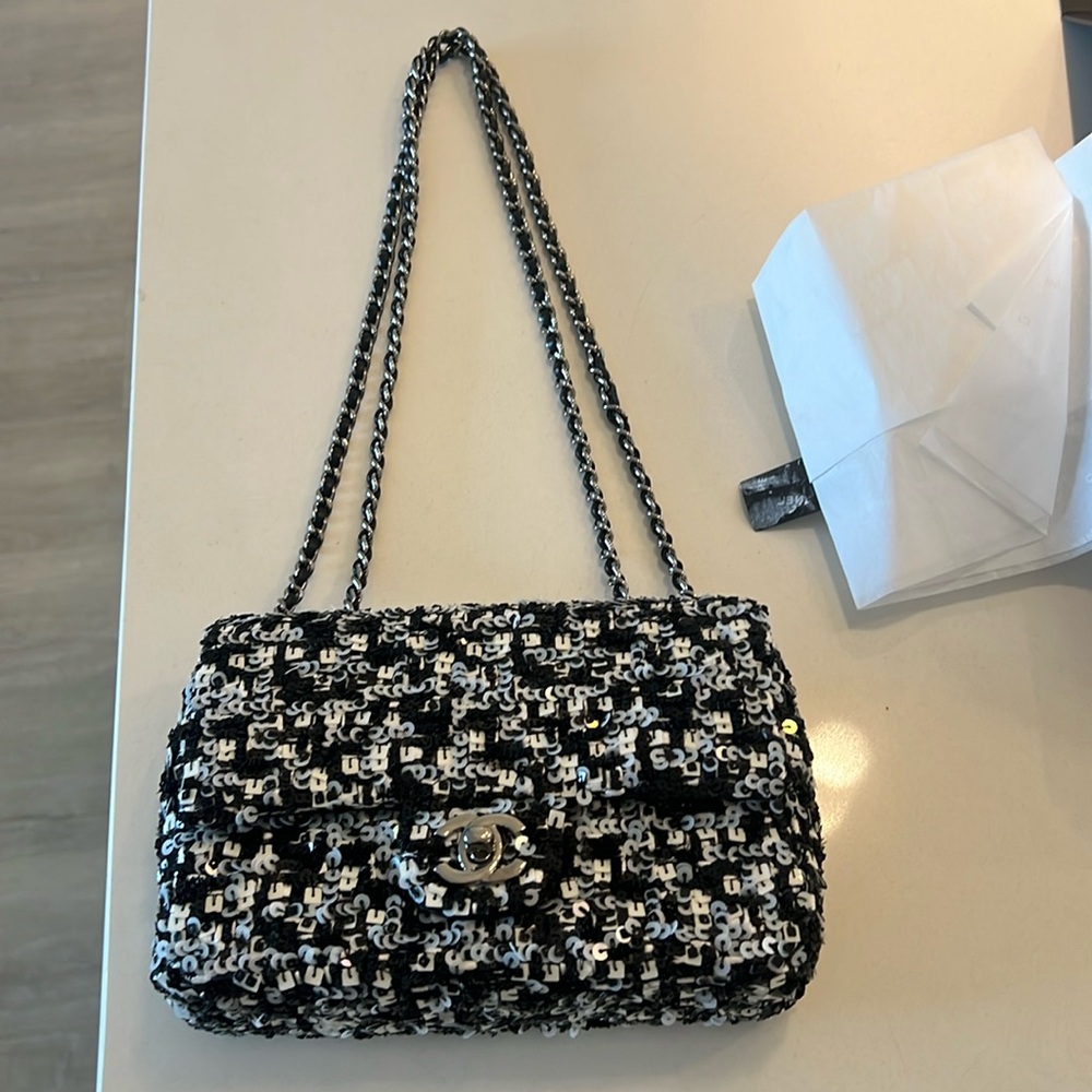 BRAND NEW CHANEL Beaded Flap Bag Black White Ruthenium - Tags, Dust Cover & Box